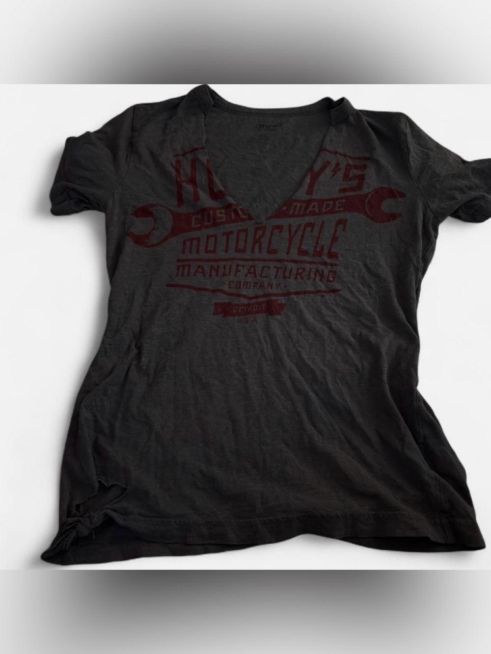 Cherokee Black V-Neck Motorcycle Graphic Tee with Dark Red Print